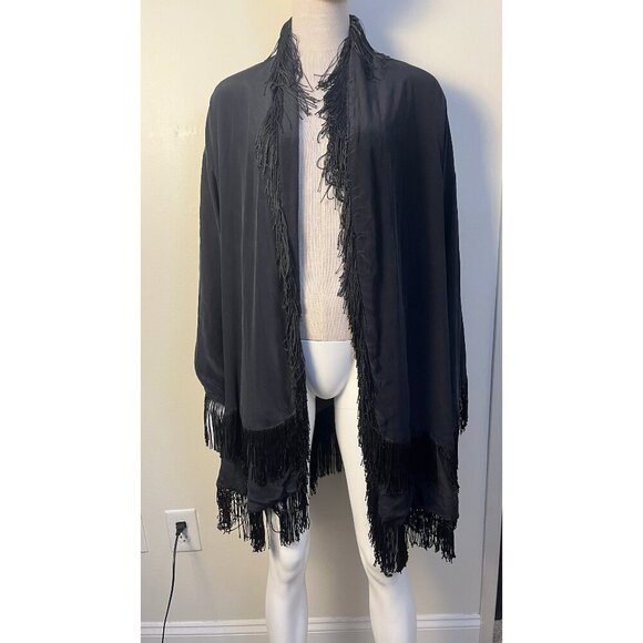 Winter Kate Tops - RARE!  WINTER KATE BLACK VINTAGE SILK FRINGE BOHO STEVIE KIMONO JACKET